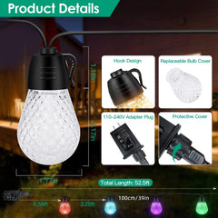 Colorful Outdoor String Lights Smart RGB LED Patio Lights IP66 Waterproof Dimmable Hanging Light Bulbs With APP Remote Control 15 Bulbs