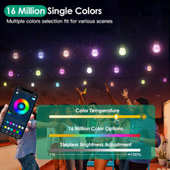 Colorful Outdoor String Lights Smart RGB LED Patio Lights IP66 Waterproof Dimmable Hanging Light Bulbs With APP Remote Control 15 Bulbs