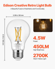 6 Pack Edison Bulbs LED A19 4.5W Dimmable 450 Lumens 2700K E26 Antique,Dimmable LED Bulbs
