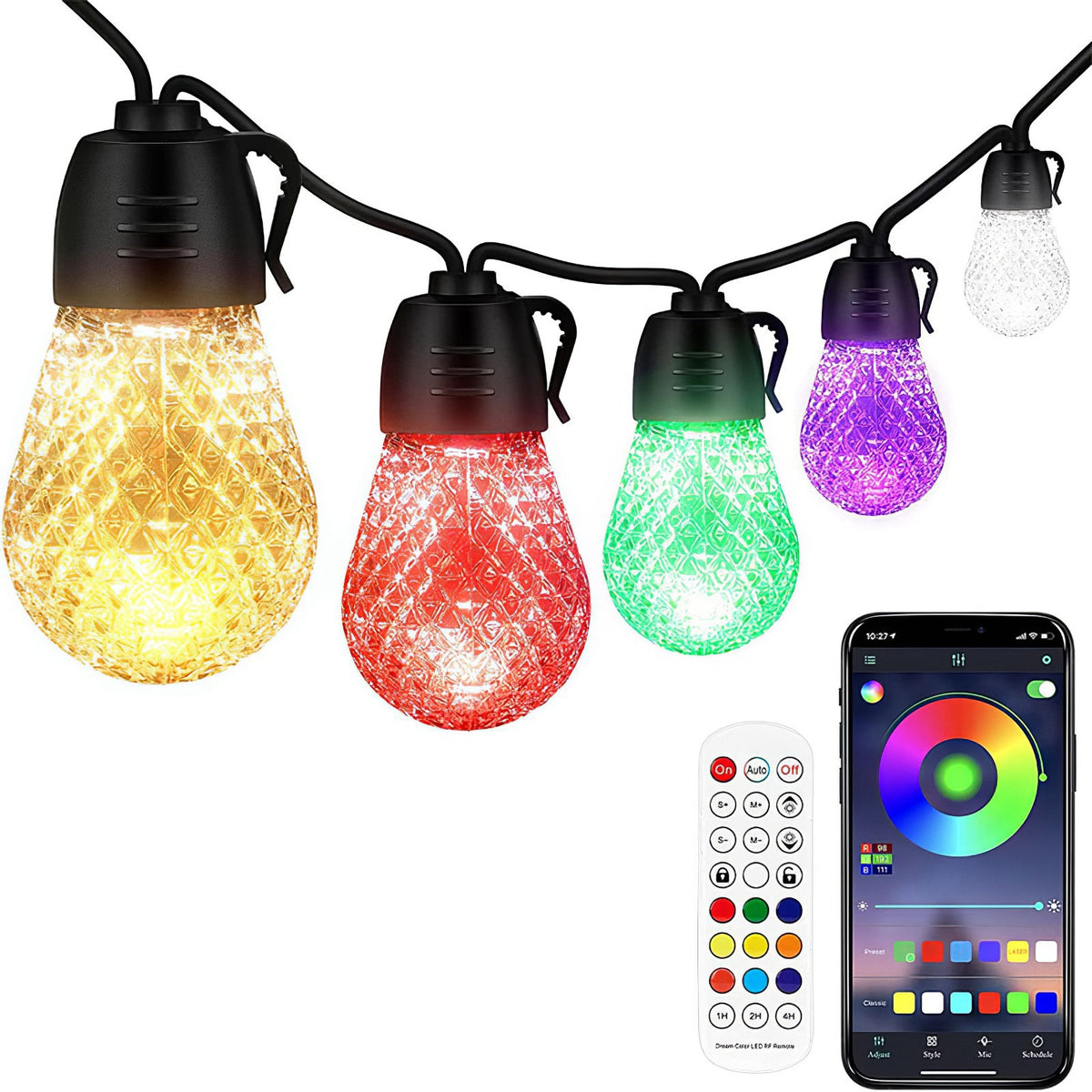 Colorful Outdoor String Lights Smart RGB LED Patio Lights IP66 Waterproof Dimmable Hanging Light Bulbs With APP Remote Control 15 Bulbs